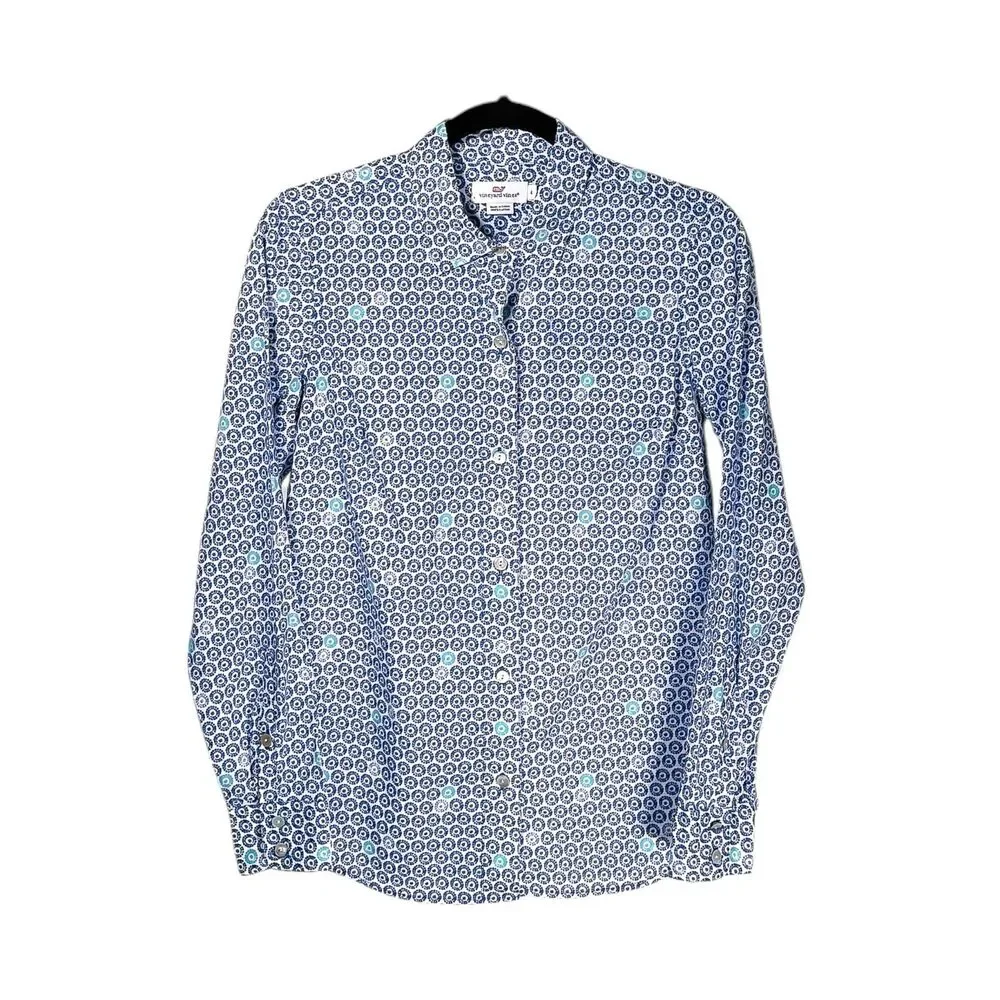 Vineyard Vines Women's Shirt Button Up Blue White Textured Dot Preppy Top Size 4